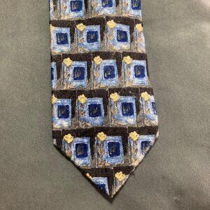 Ermenegildo Zegna Mens Silk Neck Tie Italy Geometric Blue Squares Yellow 58" x 4